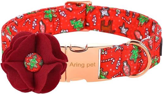 ARING PET Christmas Dog Collar-Girl Dog Collar with Felt Flower, Cute Red Christmas Dog Collars Pet Collars with Metal Buckle