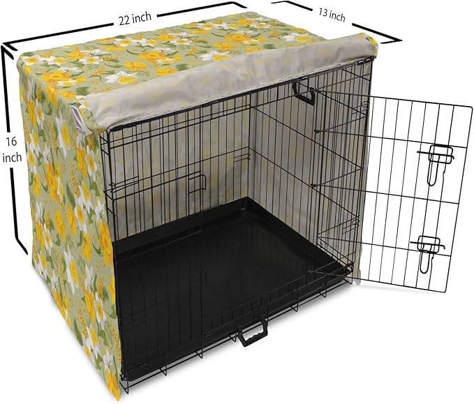 Lunarable Daffodil Dog Crate Cover, Vintage Inspirations Floral Arrangement Pattern Romantic Bouquet Nature, Easy to Use Pet Kennel Cover for Small Dogs Puppies Kittens, 22 Inch, Green Marigold White