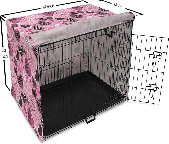 Lunarable Hearts Dog Crate Cover, Sewing Themed Love with Polka Dots Valentine's Day Inspired Image, Easy to Use Pet Kennel Cover for Cats & Medium Dogs, 24 Inch, Pink Black White