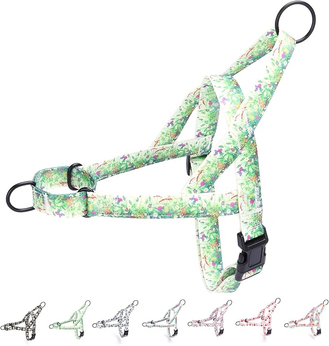 No Pull Dog Harness for Small, Medium, and Large Pets - Floral Pattern Nylon Safety Training Dog Harness (S, Grass)
