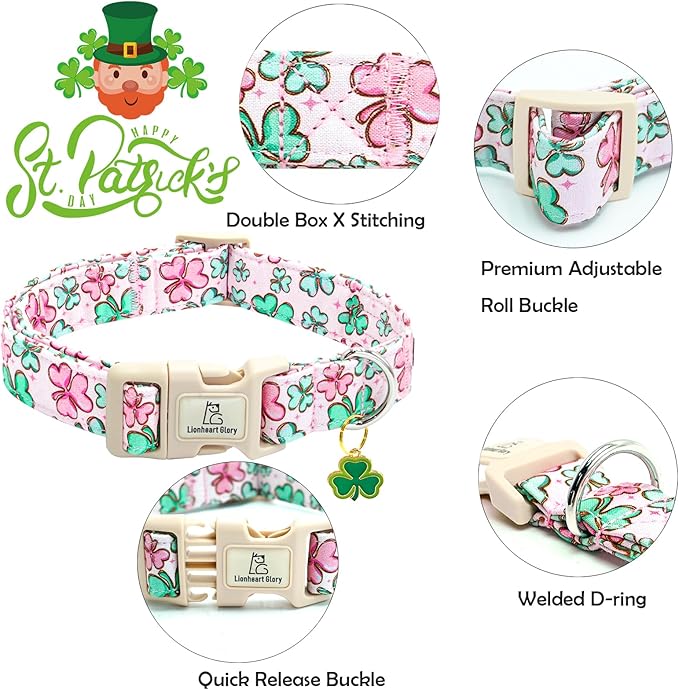 Lionheart glory St. Patrick's Day Dog Collar, Clover Collars Pink Dog Collar for Small Dogs Spring Female Dog Collar Adjustable Heavy-Duty Puppy Collar Pet Gift Plastic Buckle