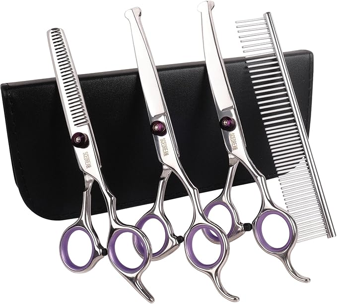 Professional Dog Scissors with Safety Round Tips, 5 in 1 Dog Scissors Kit, 4CR Stainless Steel Pet Grooming Shears, Sharp and Durable, Blue