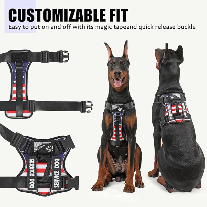 Demigreat Service Dog Harness, Reflective Dog Vest Harness with 5 PCS Patches, Adjustable Soft Oxford Pet Harness, Inner Layer Mesh, Easy to Control for Dogs (USFLAG, Medium (Pack of 1))