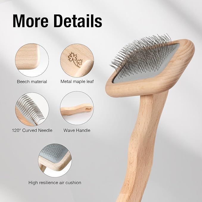 Slicker Brush Groom Like a Professinal Stainless Steel Pins, Lightweight Beech Wood Body, Ground and Polished Tips, Small Pet Bruch