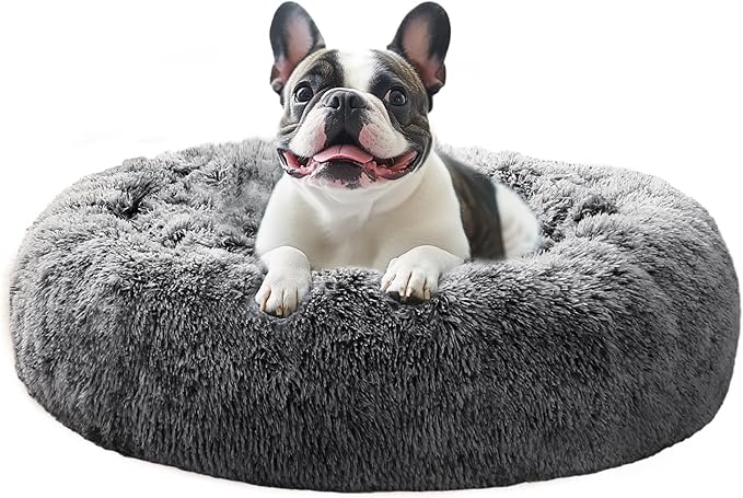 JOLLYVOGUE Dog Beds for Medium Dogs, Anti-Anxiety Washable Round Bed, Calming Donut Dog Cat Bed for Puppy Bed, Fluffy Dog Beds for Medium Dogs, Round Puppy Bed for Indoor Pet (28"/Smoke Black