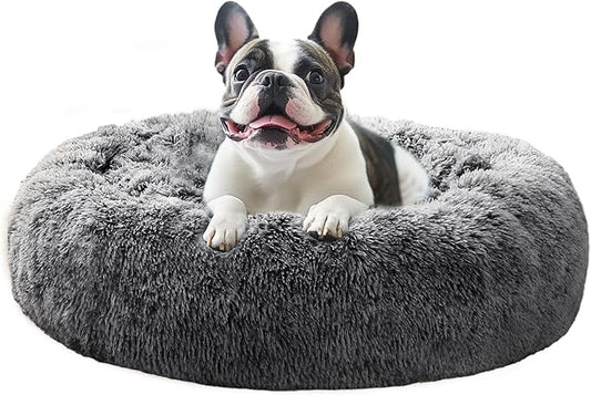 JOLLYVOGUE Dog Beds for Medium Dogs, Anti-Anxiety Washable Round Bed, Calming Donut Dog Cat Bed for Puppy Bed, Fluffy Dog Beds for Medium Dogs, Round Puppy Bed for Indoor Pet (28"/Smoke Black