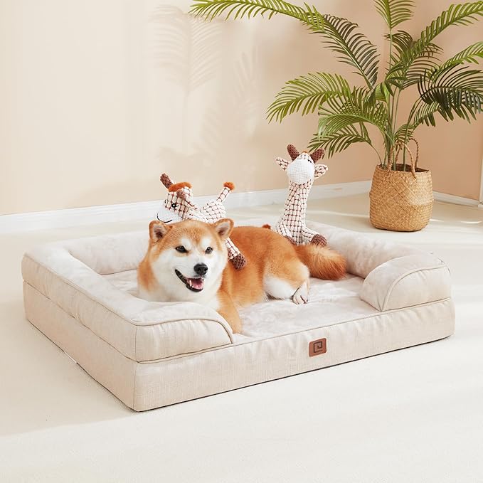 EHEYCIGA Orthopedic Dog Bed for Medium Dogs, Waterproof Memory Foam Medium Dog Beds with Sides, Non-Slip Bottom and Egg-Crate Foam Medium Dog Couch Bed with Washable Removable Cover, Beige
