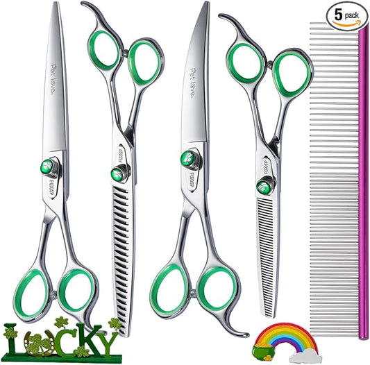 Professional Dog Grooming Scissors Kit 8 in Curved Thinning Straight Chunker Shears and Comb 5pcs Set for Grooming Big Dogs Poodle Pet Japan 440C Stainless Steel
