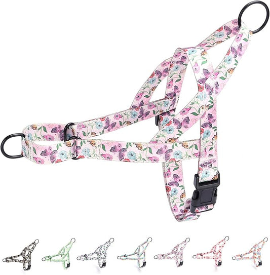No Pull Dog Harness for Small, Medium, and Large Pets - Floral Pattern Nylon Safety Training Dog Harness (M, Hornflower)