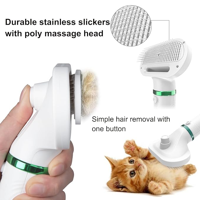 COLORCORAL Pet Hair Dryer Brush, White, Safe for All Hair Types, Flexible Stainless Steel Bristles, 3 Temperature Settings, 300W, Unisex Hair Brush for Small & Medium Dogs & Cats