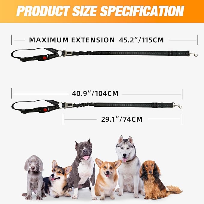 Dog Seat Belt, Adjustable Reflective Dog Car Seatbelt Leash, Elastic Bungee Buffer Heavy Duty Nylon Dog Harness for Travel Riding