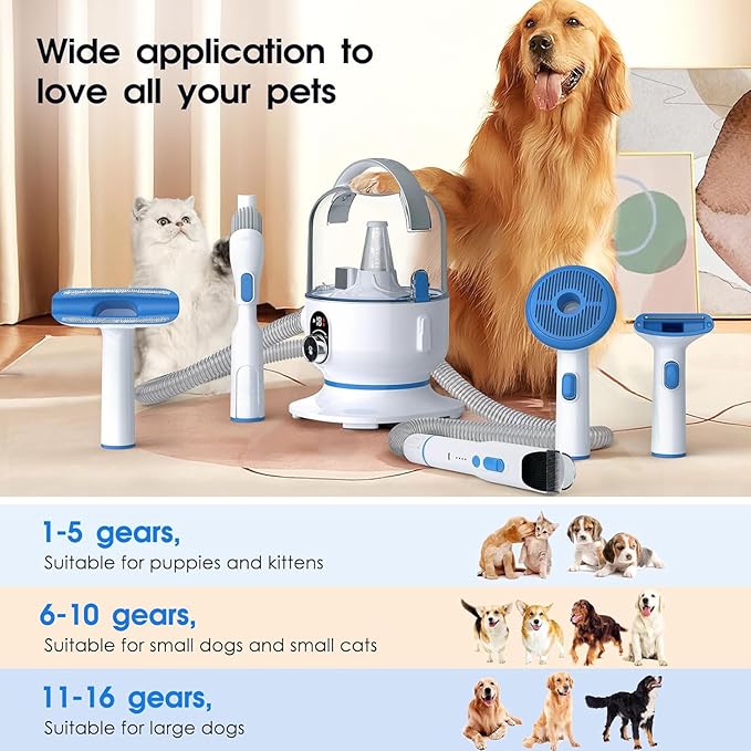 Pet Grooming Brush Kit 2L High Capacity Vacuum 99% Pet Hair Not Easy to Block, Low Noise Removable for Cats and Dogs Grooming Brush Kit, One-Click Clean and 16 Levels of Suction Adjustment (White)