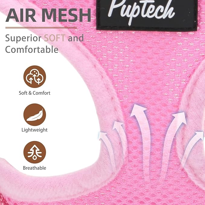 PUPTECK Soft Mesh Dog Harness and Leash Set Pet Puppy Cat Comfort Padded Vest No Pull Harnesses, Solid Pink, M