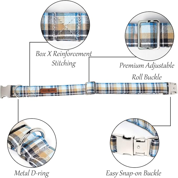 Lionet Paws Boy Dog Collar, Comfortable Adjustable Cute Blue Plaid Collar with Metal Buckle for Male Dogs Gift, Medium, Neck 13.5-22 inches