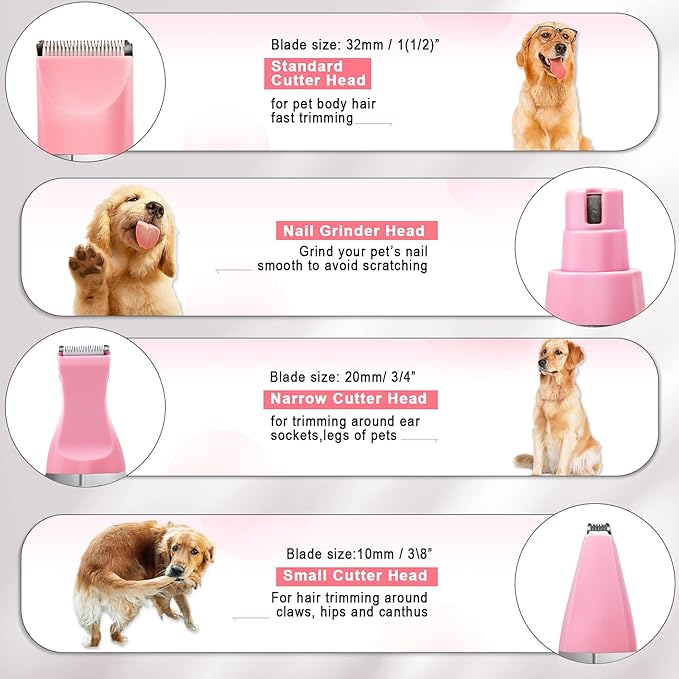 Dog Grooming Clippers Kit-Electric Rechargeable Cat Trimmer Tools-Cordless Quiet Pet Nail Paw Grinder-4 in 1 Multifunctional Low Noise Shaver-Razor for feet Face Ears Toenail Eye（Pink）