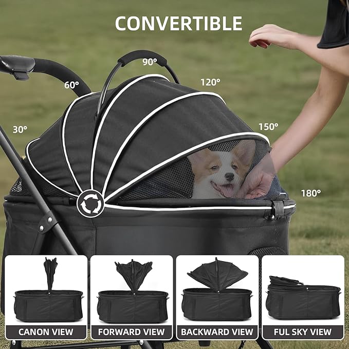 Pet Stroller 3 in 1 Folding Lightweight Dog Stroller with Detachable Carrier & Storage Basket, Premium 4 Wheels Travel Stroller for Small/Medium Pet (Black)