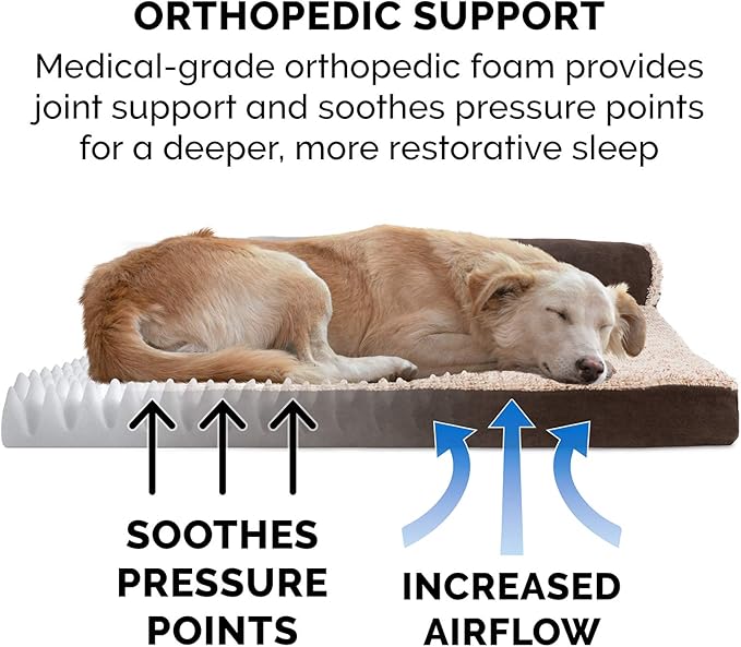 Furhaven Orthopedic Dog Bed for Large Dogs w/ Removable Bolsters & Washable Cover, For Dogs Up to 95 lbs - Two-Tone Plush Faux Fur & Suede L Shaped Chaise - Espresso, Jumbo/XL