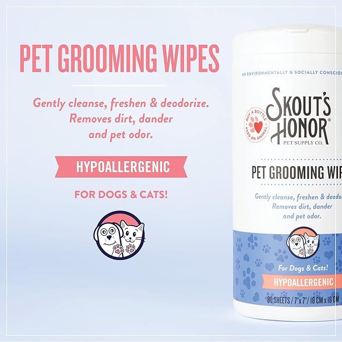 SKOUT'S HONOR Pet Grooming Wipes for Dogs and Cats - Deodorizing, Plant-Based, Biodegradable, Fragrance-Free - for Paws, Faces, Skin Folds & Bums, 80 Count