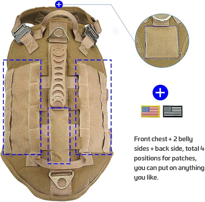 PET ARTIST Tactical Dog Harness for Hiking Training, No Pull Vest Harness for Medium Large Dogs, with Pouches and Patches Coyote Brown, M