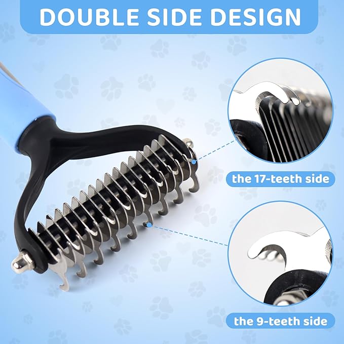 Pet Grooming Brush Stainless Steel Comb Suit for Dogs and Cats, Dog & Cat Double Sided Brush for Shedding, Pet Hair Removal Tool, Blue