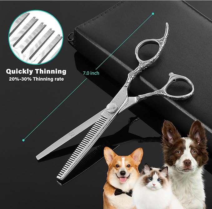 Dog Grooming Scissors,Silver with Safety Round Tips,5 in 1 Curved Dog Scissors for Grooming,Professional Pet Grooming Shears Set for Dogs and Cats