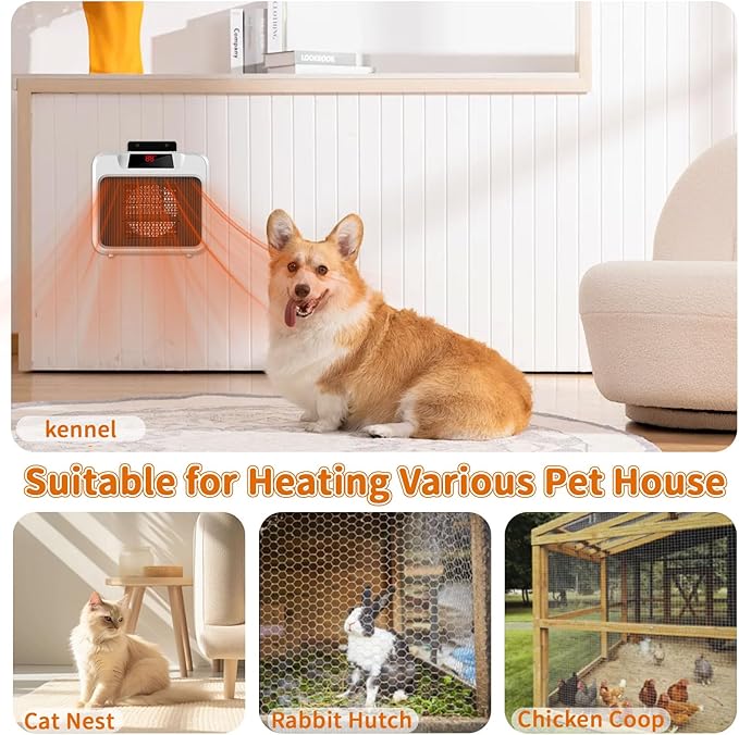 Thermostatic Dog House Heater with Anti-Bite Wires, Wall-Mounted Pet House Heater with 2 Wind Speed Modes (300W/600W), Suitable for Pet House Stoves for Dogs Cats Chickens