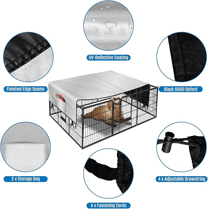 SIRUITON Dog Playpen Cover,Heavy Duty 600D Oxford Fabric with Sun/Rain Dog Play Pen Cover Top Sun Shade Specialized Fits for 24/32/40/45/50" Panels Dog Playpen.(Cover Only)