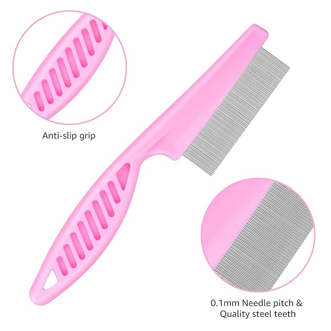 Flea Comb for Cats Dog Comb Lice Comb Metal Teeth Durable Tear Stain Dog Combs Remove Float Hair Combing Tangled Hair Dandruff Pet Comb Grooming Set 3 Pieces Add Storage Pouch (Pink)