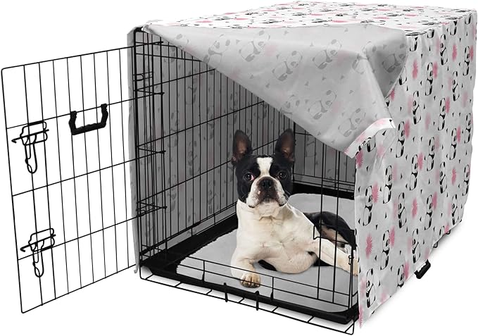 Lunarable Panda Dog Crate Cover, Cartoon Style Bear Drawings Pinkish Foliage Leaves Chinese, Easy to Use Pet Kennel Cover for Small Dogs Puppies Kittens, 22 Inch, Pale Pink Rose Black