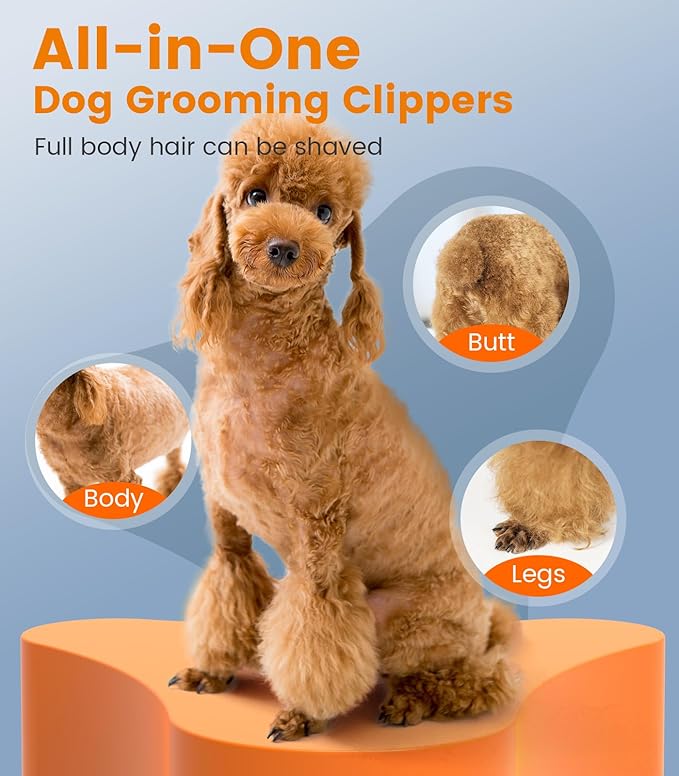 Oneisall Dog Clippers for Grooming - 2-Speed Super Power, 50dB Quiet Rechargeable Cordless Trimmer With Detachable Stainless Steel Blade for Small & Large Dogs With Thick Coats