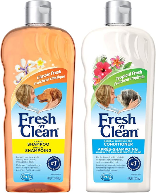 PetAg Fresh ’n Clean Scented Shampoo, Classic Fresh Scent (18 oz) + Oatmeal ’n Baking Soda Conditioner, Tropical Breeze Scent (18 oz)