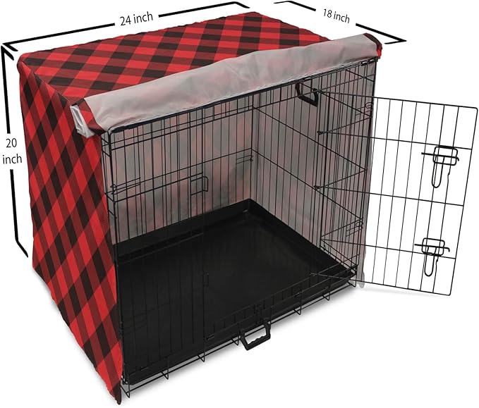 Lunarable Buffalo Plaid Dog Crate Cover, Grid Style Illustration with Horizontal Lines Pattern Diamond, Easy to Use Pet Kennel Cover for Cats & Medium Dogs, 24 Inch, Orange and Charcoal Grey
