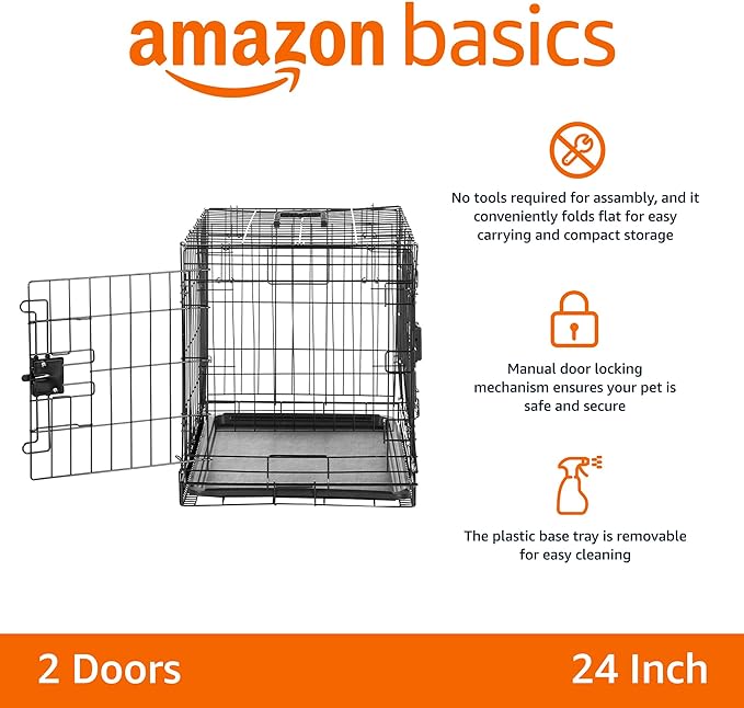 Amazon Basics Durable,Foldable Metal Wire Dog Crate with Tray, Double Door, Divider, 24 x 18 x 20 in, Black