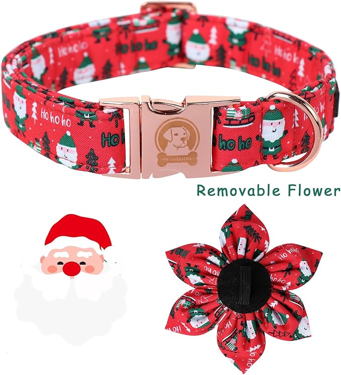 MR. CHUBBYFACE Christmas Santa Dog Collar with Flower, Red and Green Cotton Dog Collars,Adjustable Christmas Dog Collars with Bowtie for Puppy Small Medium Large Dogs