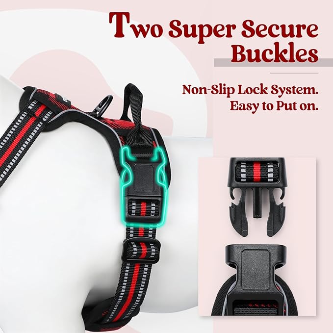 rabbitgoo Dog Harness for Large Dogs No Pull, Comfortable Padded Plaid Dog Harness with Handle Easy Control, Adjustable Reflective Puppy Pet Harness Vest with 2 Leash Clips, Red Plaid, L