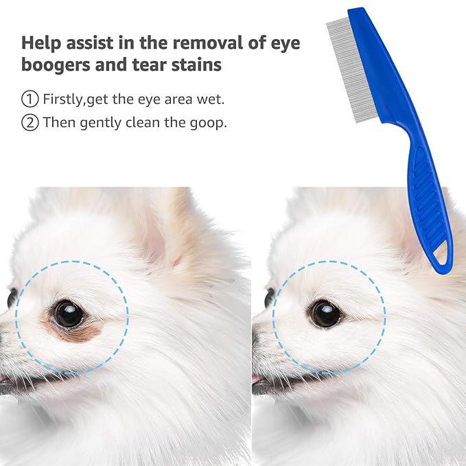 Flea Comb for Cats Dog Comb Lice Comb Metal Teeth Durable Tear Stain Dog Combs Remove Float Hair Combing Tangled Hair Dandruff Pet Comb Grooming Set 3 Pieces Add Storage Pouch (Blue)