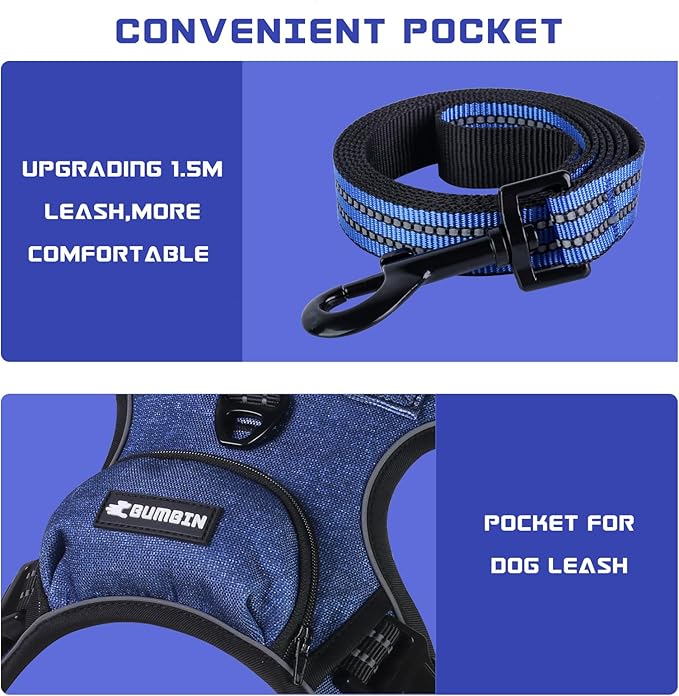 BUMBIN Dog Harness for Large Dogs, No Pull Adjustable No Choke Pet Vest with Dog Leash Fit Smart Reflective Pet Walking Harness for Training Easy Control Soft Handle Denim Blue L