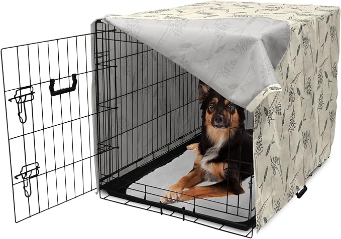 Ambesonne Boho Dog Crate Cover, Botanical Themed Delicate Pastel Pattern with Natural Field Herbs Print, Easy to Use Pet Kennel Cover for Medium Large Dogs, 36 Inch, Cream Charcoal