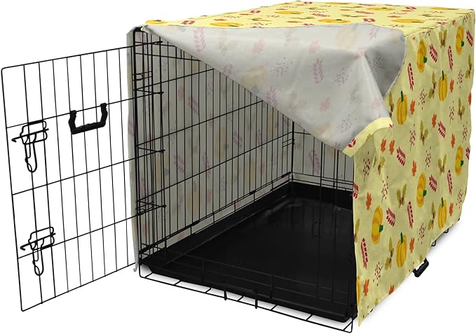 Lunarable Autumn Pumpkin Dog Crate Cover, Seasonal Image with Fall Botanical Elements Leaves and Acorns, Easy to Use Pet Kennel Cover for Small Dogs Puppies Kittens, 22 Inch, Pastel Yellow Multicolor