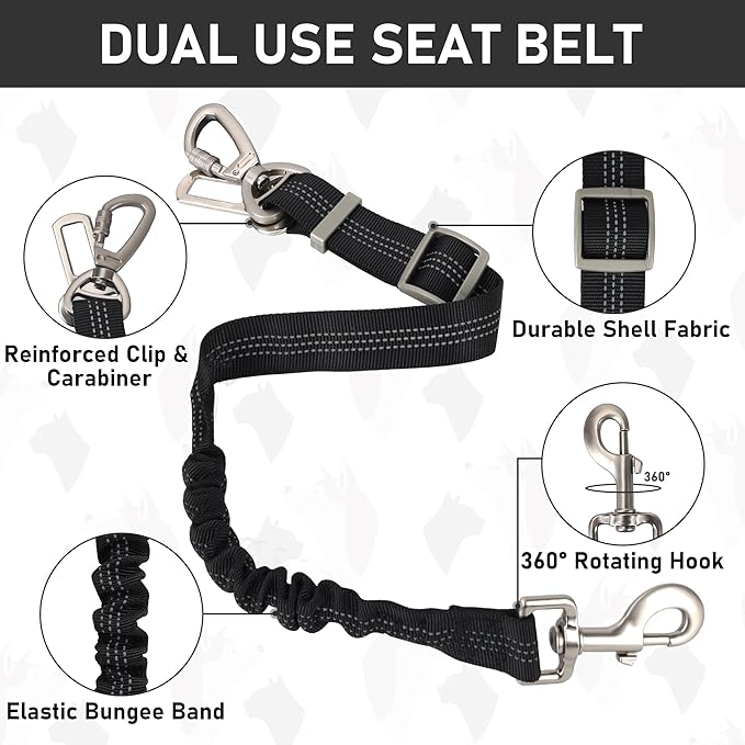 GAMUDA Dog Harness, Collar and Seat Belt Set, Vehicle Safety Harness, Retractable Adjustable Pet Seatbelts with Travel Strap and Carabiner for Most Cars (Black, XS)