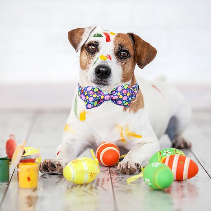 Unique Style Paws Easter Day Dog Collar with Bow Colorful Egg Rabbit Dog Collar Bowtie Bowtie Collar for Large Medium Small Dogs