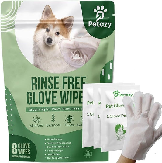 8 Dog Glove Wipes for Paws and Butt Ears Eyes Face Fur | No Rinse Lavender Scented Dog Grooming Glove | Large Size Natural Gentle Pet Cleaning Deodorizing Gloves for Daily Care Travel and Bath
