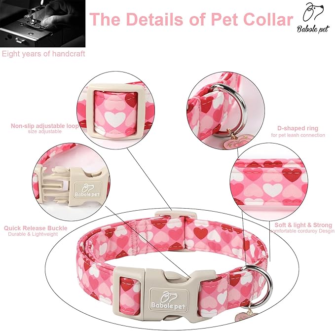Valentine's Day Dog Collar - Cute Pink Valentines Dog Collar Girl Boy Durable Adjustable Love Heart Pattern Charm Dog Collars for Small Medium Large Dogs S