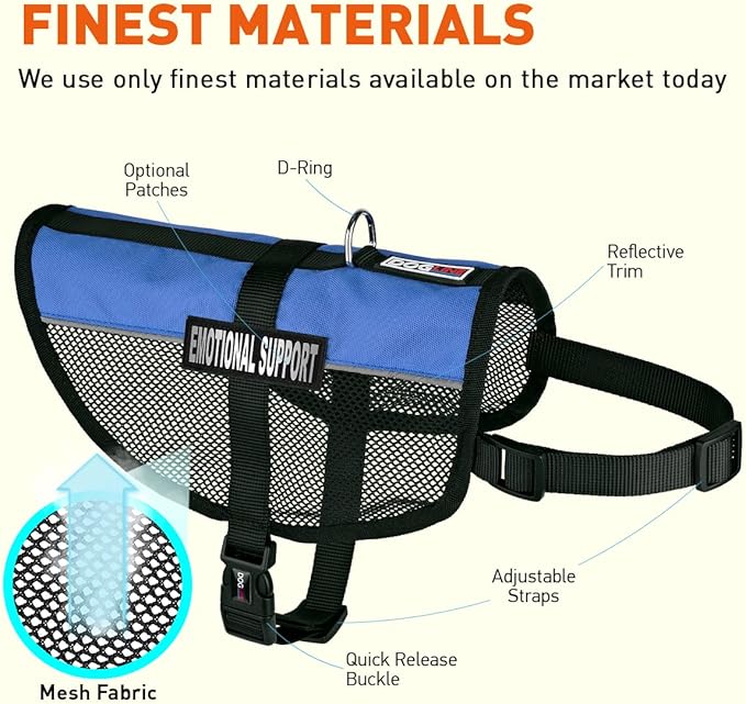 Dogline MaxAire Multi-Purpose Mesh Vest for Dogs and 2 Removable Emotional Support Patches, 30 to 38", Blue
