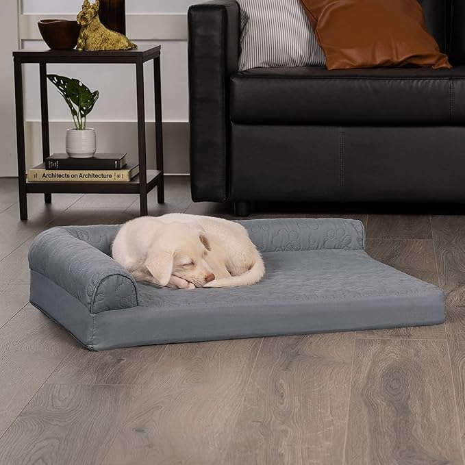 Furhaven Memory Foam Dog Bed for Medium/Small Dogs w/ Removable Bolsters & Washable Cover, For Dogs Up to 35 lbs - Pinsonic Quilted Paw L Shaped Chaise - Titanium, Medium