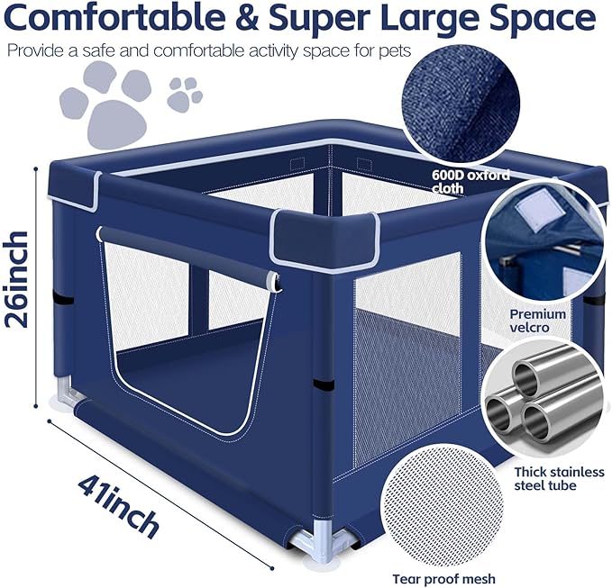 42x42x25.6 Inches Dog Playpen, Foldable Portable Soft Puppy Playpen with Gate, Thickened Fabric Mesh Dog Fence with High-Strength Nylon Wire Mesh, Indoor Outdoor Breathable Exercise Pet Fence Cage