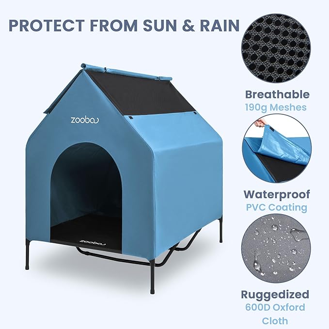 X-Large 48" Dog House - Weatherproof PVC, Elevated Cooling Bed, Easy to Clean (Blue)