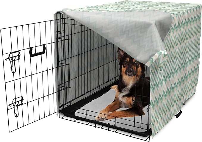 Lunarable Chevron Dog Crate Cover, Ikat Style Ornate Simplistic Zigzag Traditional Herringbone, Easy to Use Pet Kennel Cover for Medium Large Dogs, 36 Inch, Ivory Seafoam Jade Green