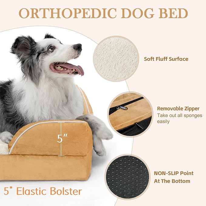 Jumbo Dog Bed Orthopedic Foam, Waterproof Dog Bed for Jumbo Breed Dogs, PV Washable Dog Sofa Bed with Removable Cover & Non-Slip Bottom(Jumbo,Khaki)