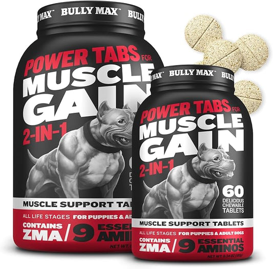 Bully Max 2-in-1 Muscle Builder Chewable Tablets for Puppies & Adult Dogs - Ultimate Canine Dog Supplement for Muscle Gain - 60 Tabs (2 Bottles)